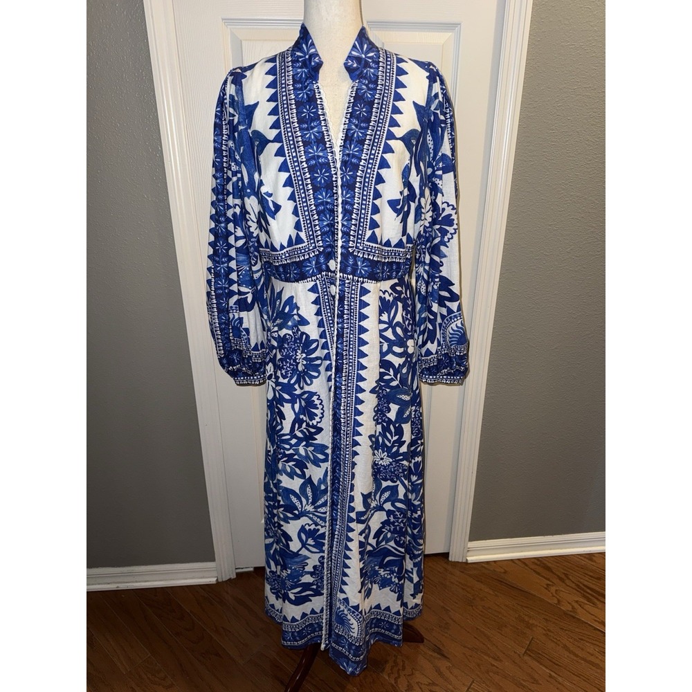 Farm Rio Flora Tapestry Blue White Linen-Blend Maxi Dress Size L Ballon Sleeve - Picture 2 of 16